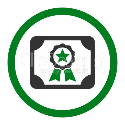 Certificate flat green and gray colors rounded vector icon