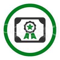 Certificate flat green and gray colors rounded vector icon
