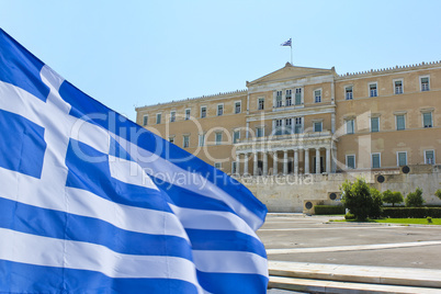 Greek Parliament with flag of Greece