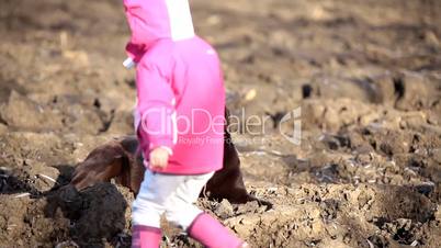 Little girl playing with a Brown Labrador retriever in winter