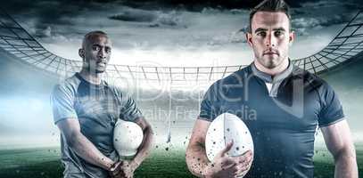 Composite image of portrait of confident sportsman with rugby ball