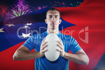 Composite image of portrait of confident sports player in blue j