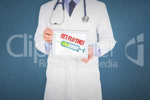 Composite image of doctor showing digital tablet on white backgr