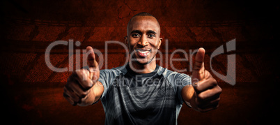 Composite image of portrait of confident athlete smiling and sho