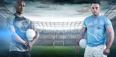 Composite image of portrait of confident sportsman with rugby ball