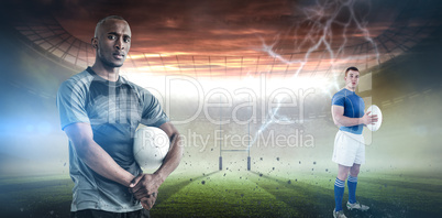 Composite image of rugby player holding rugby ball