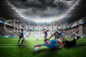 Composite image of rugby player doing a drop kick