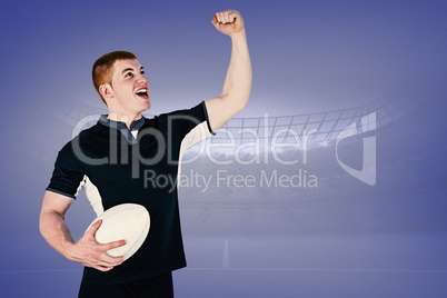 Composite image of a rugby player gesturing victory