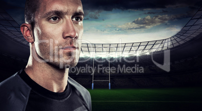 Composite image of close-up of serious rugby player looking away