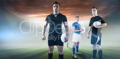 Composite image of rugby player holding rugby ball