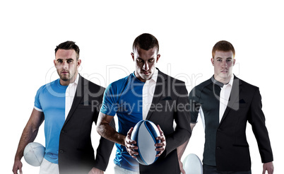 Composite image of rugby player looking at camera