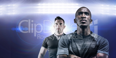 Composite image of thoughtful athlete standing with arms crossed