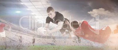 Composite image of a rugby player scoring a try