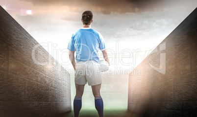 Composite image of rugby player gesturing with hands