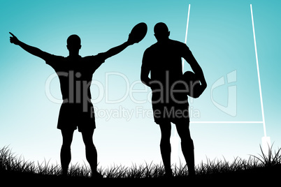 Composite image of rear view of rugby player running with ball