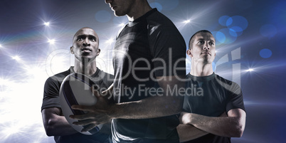 Composite image of calm rugby player thinking while holding ball