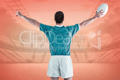 Composite image of rugby player gesturing with hands