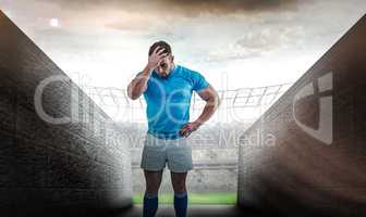 Composite image of rugby player after a loss