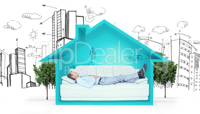 Composite image of businessman lying on sofa