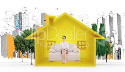 Composite image of smiling well dressed woman sitting on sofa