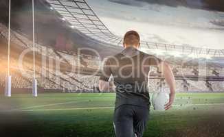 Composite image of rugby player running with a rugby ball