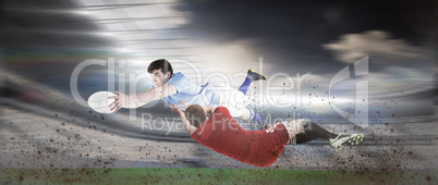 Composite image of a rugby player scoring a try