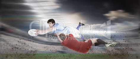 Composite image of a rugby player scoring a try