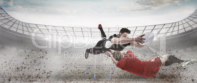 Composite image of a rugby player scoring a try