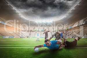 Composite image of rugby player doing a drop kick