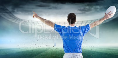 Composite image of rugby player gesturing with hands