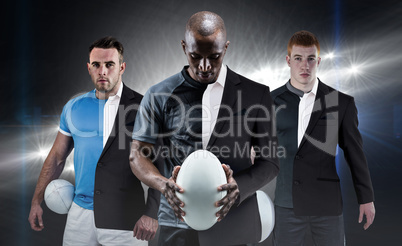 Composite image of rugby player holding a rugby ball