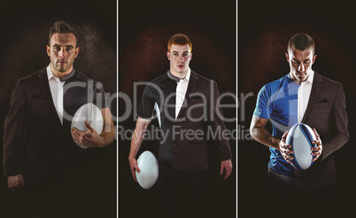 Composite image of rugby player looking at camera