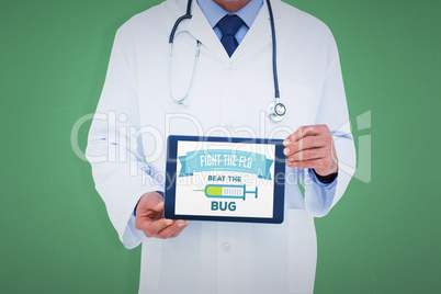 Composite image of a doctor showing digital tablet