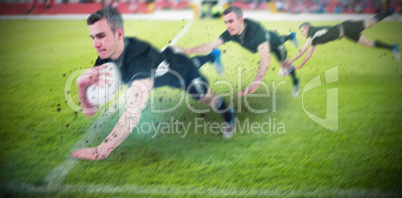 Composite image of a rugby player scoring a try