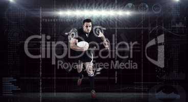 Composite image of rugby player running with the ball