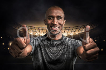Composite image of portrait of confident athlete smiling and sho