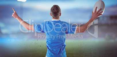 Composite image of rugby player gesturing with hands