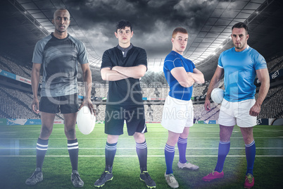 Composite image of tough rugby players