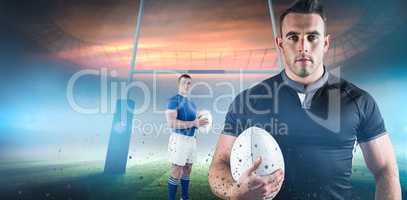 Composite image of rugby player holding rugby ball