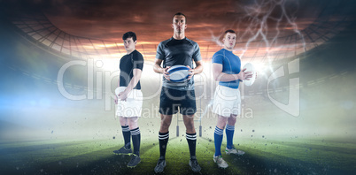 Composite image of rugby player holding rugby ball