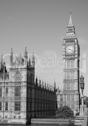 Black and white Houses of Parliament in London