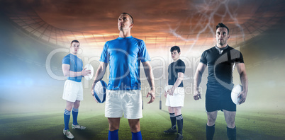 Composite image of rugby player holding rugby ball