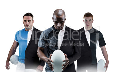 Composite image of rugby player holding a rugby ball