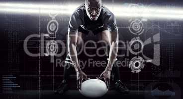 Composite image of sportsman holding ball while playing rugby