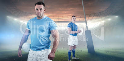 Composite image of rugby player holding rugby ball