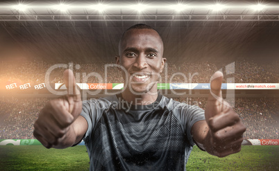 Composite image of portrait of confident athlete smiling and sho
