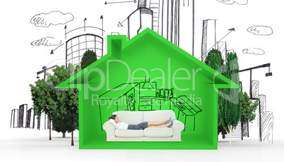 Composite image of smiling business woman lying down on the couc