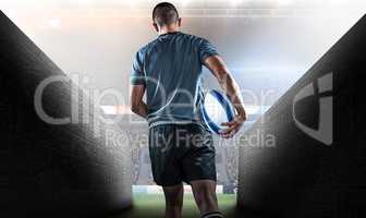 Composite image of rear view of rugby player running with ball
