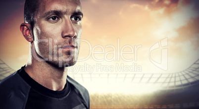 Composite image of close-up of serious rugby player looking away