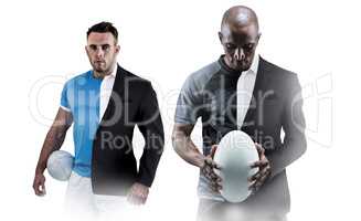Composite image of thoughtful athlete looking at rugby ball